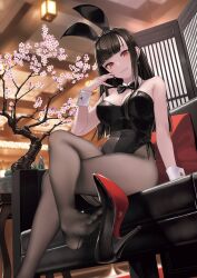Rule 34 | 1girl, animal ears, arm at side, bare shoulders, black bow, black bowtie, black footwear, black hair, black leotard, black pantyhose, bow, bowtie, breasts, cherry blossoms, cleavage, collar, collarbone, couch, crescent, crescent earrings, cropped, crossed legs, cuffs, detached collar, earrings, fake animal ears, feet, grin, groin, hair between eyes, high heels, highleg, highleg leotard, highres, indoors, jewelry, legs, leotard, long hair, looking at viewer, medium breasts, on couch, original, pantyhose, playboy bunny, pumps, rabbit ears, red eyes, red nails, red soles, rokuwata tomoe, shoe dangle, shoes, side-tie leotard, sidelocks, single shoe, sitting, smile, solo, stiletto heels, strapless, strapless leotard, teeth, third-party source, toes, traditional bowtie, wrist cuffs