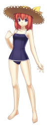 Rule 34 | 1girl, alternate costume, barefoot, blue eyes, commentary, cross edge, feet, flat chest, full body, hat, highres, hirano katsuyuki, legs, long image, meu, meu (spectral souls), official art, one-piece swimsuit, orange hair, purple eyes, red hair, simple background, smile, solo, spectral (series), spectral souls, standing, straw hat, swimsuit, tall image