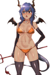 1girl, arknights, bangs, bare shoulders, bikini, black gloves, blue eyes, blue hair, blush, breasts, ch&#039;en (arknights), choker, collarbone, commentary request, cowboy shot, dark skin, dark-skinned female, dragon horns, dragon tail, elbow gloves, eyebrows visible through hair, fake wings, gloves, hair between eyes, highres, holding, holding weapon, horns, large breasts, long hair, moto toshi, navel, orange bikini, polearm, simple background, solo, standing, stitches, stomach, swimsuit, tail, thighhighs, thighs, trident, weapon, white background, wings