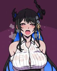 Rule 34 | 1girl, akairiot, asymmetrical horns, bare shoulders, black hair, blue hair, breasts, colored inner hair, demon horns, hair ornament, heavy breathing, highres, hololive, hololive english, horns, large breasts, long hair, looking at viewer, mole, mole under eye, multicolored hair, nerissa ravencroft, nerissa ravencroft (1st costume), open mouth, red eyes, shirt, simple background, solo, sweat, two-tone hair, uneven horns, virtual youtuber, wet, wet clothes, wet shirt