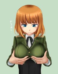 Rule 34 | 10s, 1girl, :|, blue background, blue eyes, blush, brave witches, breasts, brown hair, closed mouth, corset, grabbing own breast, groping, gundula rall, highres, large breasts, looking down, namoshii, solo, strike witches, translation request, uniform, world witches series