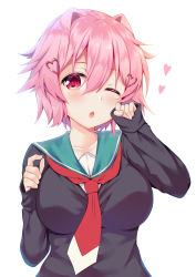 Rule 34 | 1girl, alternate costume, blush, breasts, chestnut mouth, collarbone, hair between eyes, hair ornament, hairclip, heart, highres, kantai collection, ko yu, large breasts, looking at viewer, neckerchief, one eye closed, open mouth, pink hair, red eyes, short hair, simple background, solo, sweater, tama (kancolle), white background