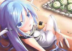 Rule 34 | 1girl, absurdres, blue eyes, blue hair, blush, breasts, chain, collar, collarbone, dutch angle, female focus, fish20107, food, from above, fruit, highres, long hair, looking at viewer, looking up, matching hair/eyes, nymph (sora no otoshimono), open mouth, sitting, solo, sora no otoshimono, very long hair, watermelon