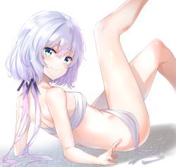 Rule 34 | 10s, 1girl, absurdres, bare arms, bare legs, bare shoulders, black ribbon, blue eyes, blush, breasts, closed mouth, commentary, feet out of frame, hair between eyes, hair ribbon, head tilt, highres, knees up, konno junko, leg up, long hair, looking at viewer, looking back, low twintails, md5 mismatch, reclining, resolution mismatch, revision, ribbon, sarashi, shadow, shoulder blades, simple background, small breasts, smile, solo, source larger, sunhyun, thighs, twintails, white background, white hair, zombie land saga