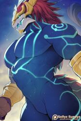 1boy abs artist_name aurelion_sol_(league_of_legends) blue_skin body_markings brown_hair colored_skin dragon dragon_boy dragon_tail furry furry_male glowing glowing_eyes helmet horns league_of_legends long_hair male_focus muscular muscular_male navel pectorals sharp_teeth sollyz solo tail teeth