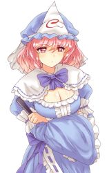 Rule 34 | 1girl, alternate costume, bad id, bad pixiv id, blue dress, bow, breasts, capelet, cleavage, cleavage cutout, clothing cutout, crossed arms, dress, folded fan, folding fan, hand fan, hat, highres, large breasts, long sleeves, pink eyes, pink hair, saigyouji yuyuko, simple background, solo, touhou, triangular headpiece, veil, white background, wide sleeves, x&amp;x&amp;x
