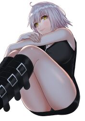 Rule 34 | 1girl, absurdres, ahoge, alternate costume, blonde hair, boots, breasts, eyebrows hidden by hair, fate/grand order, fate (series), highres, jeanne d&#039;arc alter (avenger) (fate), jeanne d&#039;arc alter (fate), jeanne d&#039;arc alter (ver. shinjuku 1999) (fate), jewelry, knee boots, knees up, large breasts, looking at viewer, necklace, official alternate costume, simple background, sitting, sleeveless, smile, solo, thighs, tomotomow00w, white background, yellow eyes