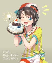 Rule 34 | 1girl, absurdres, backwards hat, baseball cap, bird, blue eyes, blush stickers, brown hair, cake, character name, commentary request, duck, english text, fireworks, food, haniwa (leaf garden), happy birthday, hat, highres, hololive, jersey, looking at viewer, one eye closed, oozora subaru, oozora subaru (1st costume), open mouth, shirt, short hair, shorts, smile, solo, sparkler, sportswear, stopwatch, striped clothes, striped shirt, upper body, vertical-striped clothes, vertical-striped shirt, virtual youtuber, watch, whistle, whistle around neck