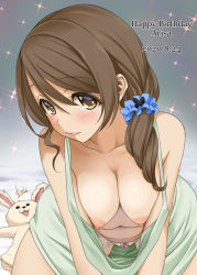 Rule 34 | 1girl, 2020, bare shoulders, blush, breasts, brown eyes, brown hair, camisole, character name, cleavage, collarbone, dated, downblouse, extended downblouse, green camisole, green panties, hand puppet, happy birthday, idolmaster, idolmaster cinderella girls, long hair, looking at viewer, medium breasts, mitarashi kousei, mochida arisa, navel, nipples, no bra, panties, parted lips, puffy nipples, puppet, rabbit puppet, side ponytail, smile, solo, sparkle, underwear