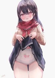 Rule 34 | 1girl, absurdres, bad id, bad pixiv id, black hair, blush, braid, clothes lift, diaper, hair between eyes, highres, lifting own clothes, long hair, looking at viewer, midriff, navel, open mouth, original, peeing, red eyes, red scarf, rucaco, scarf, school uniform, serafuku, sidelocks, signature, simple background, skirt, skirt lift, solo, standing, teardrop, tearing up, tears, thighs, uniform, white background