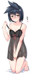 Rule 34 | 1girl, babydoll, bad id, bad pixiv id, bed sheet, black legwear, blue hair, breasts, brown eyes, cleavage, closed mouth, commentary request, full body, glasses, hair ornament, hairclip, heart, kneeling, lingerie, looking at viewer, on bed, panties, panty pull, saki, saki (manga), saki achiga-hen, see-through, short hair, small breasts, smile, solo, strap slip, translation request, underwear, underwear only, white background, yasukouchi yoshiko, yoi naosuke