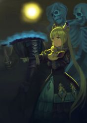 Rule 34 | 10s, 1girl, armor, blonde hair, commentary request, dress, fog, frills, frown, glowing, glowing eyes, hair ribbon, holding, holding stuffed toy, holding sword, holding weapon, long hair, luna (shadowverse), necromancer, plate armor, pointing, pointing forward, ribbon, sad, shadowverse, shingeki no bahamut, skeleton, standing, stuffed animal, stuffed toy, sun, sword, tears, twintails, undead, very long hair, wasabi60, weapon