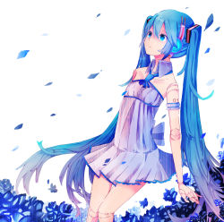 Rule 34 | 1girl, bad id, bad pixiv id, blue eyes, blue hair, doll joints, expressionless, flower, hatsune miku, headphones, highres, itamidome, joints, long hair, matching hair/eyes, petals, solo, twintails, very long hair, vocaloid
