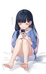 Rule 34 | 1girl, bare legs, barefoot, bed sheet, black hair, blue shirt, blush, cellphone, closed eyes, closed mouth, collarbone, commentary request, facing viewer, feet, full body, hair bobbles, hair ornament, hands up, highres, holding, holding phone, knees up, long hair, na-ga, on bed, original, pajamas, phone, pink pillow, shirt, short shorts, shorts, simple background, sitting, smartphone, smile, soles, solo, toes, translation request, wavy mouth, white background, white shorts