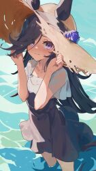 Rule 34 | 1girl, animal ears, blush, breasts, brown hair, caustics, cleavage, closed mouth, covered navel, dress, ears through headwear, hands on headwear, hat, highres, horse ears, horse girl, horse tail, long hair, looking at viewer, purple eyes, rice shower (umamusume), short sleeves, small breasts, solo, standing, straw hat, tail, umamusume, wading, water, yakousei a