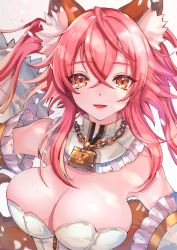 Rule 34 | 1girl, absurdres, animal ear fluff, animal ears, belt, bodysuit, breasts, chain, chain necklace, cleavage, commentary, commentary request, cosplay, fate/extra, fate/extra ccc, fate/grand order, fate (series), fox ears, fox girl, fox tail, grangrangao, highres, jewelry, large breasts, lock, looking at viewer, necklace, nero claudius (bride) (fate), nero claudius (bride) (fate) (cosplay), nero claudius (bride) (second ascension) (fate), nero claudius (fate), nero claudius (fate) (all), pink hair, solo, tail, tamamo (fate), tamamo no mae (fate/extra), white bodysuit, white sleeves, yellow belt, yellow eyes