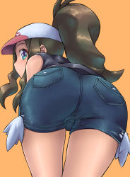 Rule 34 | 1girl, ass, ass focus, bare shoulders, bent over, blue eyes, creatures (company), denim, denim shorts, from behind, game freak, highres, hilda (pokemon), hip focus, huge ass, looking at viewer, looking back, m.m, nintendo, orange background, pokemon, pokemon bw, ponytail, short shorts, shorts, simple background, sleeveless, smile, solo, thick thighs, thighs, visor cap, wide hips