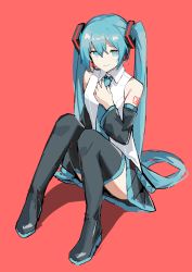 Rule 34 | 1girl, absurdres, black skirt, black thighhighs, blue eyes, blue hair, blue necktie, closed mouth, collared shirt, detached sleeves, full body, hatsune miku, highres, knees up, looking at viewer, necktie, number tattoo, red background, shiratakiseaice, shirt, simple background, sitting, skirt, smile, solo, tattoo, thighhighs, twintails, vocaloid, white shirt