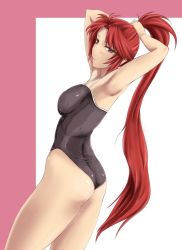 Rule 34 | 1girl, adjusting hair, armpits, ass, fire emblem, fire emblem: path of radiance, jill (fire emblem), long hair, nintendo, one-piece swimsuit, ponytail, red eyes, red hair, swimsuit, very long hair