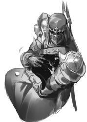 Rule 34 | 1other, absurdres, ambiguous gender, animal, animal on lap, armor, breastplate, cat, cat on lap, commentary request, covered face, cropped legs, feet out of frame, final fantasy, final fantasy xiv, fray myste, from above, full armor, gauntlets, greyscale, helm, helmet, highres, korean commentary, looking at animal, monochrome, motion lines, on lap, pauldrons, petting, shoulder armor, simple background, sitting, small dduck, solo, weapon, weapon on back, white background