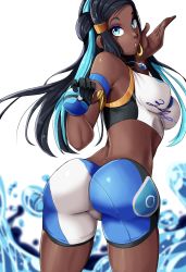 Rule 34 | 1girl, armlet, ass, bare shoulders, bike shorts, black gloves, black hair, blue eyes, blue hair, breasts, cowboy shot, creatures (company), crop top, dark-skinned female, dark skin, earrings, female focus, from behind, game freak, gloves, hair ornament, highres, hoop earrings, impossible clothes, jewelry, long hair, looking back, medium breasts, midriff, multicolored hair, nessa (pokemon), nico-mo, nintendo, parted lips, pokemon, pokemon swsh, single glove, skin tight, solo, thighs, two-tone hair, water, white background