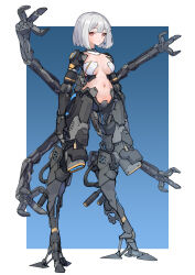 Rule 34 | 1girl, absurdres, arms at sides, black sclera, blue background, breasts, colored sclera, commentary request, commission, cyborg, digitigrade, expressionless, full body, grey hair, highres, large breasts, looking at viewer, mechanical arms, mismatched sclera, navel, orange eyes, original, prosthesis, prosthetic arm, prosthetic leg, ringobatake, science fiction, short hair, skeb commission, solo, standing