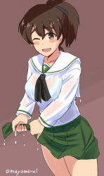 Rule 34 | 1girl, bikini, bikini under clothes, black neckerchief, black ribbon, blouse, blush, brown background, brown eyes, brown hair, clothes lift, commentary, cowboy shot, dutch angle, from side, girls und panzer, green skirt, hair between eyes, hair ribbon, koyama yuzu, lifting own clothes, long sleeves, looking at viewer, mayomaru1, miniskirt, neckerchief, one-hour drawing challenge, one eye closed, ooarai school uniform, open mouth, pleated skirt, ribbon, school uniform, see-through, serafuku, shirt, short hair, short ponytail, simple background, sitting, skirt, smile, solo, swimsuit, thick eyebrows, thighs, twitter username, water drop, wet, wet clothes, wet hair, wet shirt, white bikini, white shirt, wringing clothes, wringing skirt