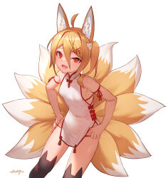Rule 34 | 1girl, absurdres, animal ear fluff, animal ears, arpeggio kaga, black thighhighs, blonde hair, breasts, china dress, chinese clothes, dress, fox ears, fox girl, fox tail, hair between eyes, highres, looking at viewer, multiple tails, open mouth, original, red eyes, short hair, simple background, sleeveless, sleeveless dress, small breasts, solo, standing, tail, thighhighs, thighs, white background, white dress