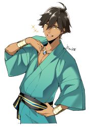 Rule 34 | 1boy, ahoge, bracelet, brown hair, commentary, dark skin, dark-skinned male, earrings, english commentary, fate/prototype, fate (series), hair between eyes, hand up, highres, japanese clothes, jewelry, looking at viewer, male focus, natsuko (bluecandy), necklace, ozymandias (fate), sash, signature, simple background, smile, solo, sparkle, tanabata, white background, yellow eyes