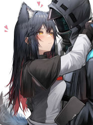Rule 34 | 1boy, 1girl, absurdres, animal ears, arknights, black gloves, black hair, blue background, blush, closed mouth, doctor (arknights), fingerless gloves, gloves, hair between eyes, heart, hetero, highres, hood, long hair, long sleeves, looking at another, multicolored hair, red hair, simple background, tab head, tail, tail wagging, texas (arknights), two-tone hair, wolf ears, wolf girl, wolf tail, yellow eyes