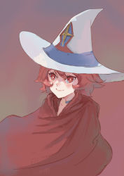 Rule 34 | 10s, 1girl, absurdres, ashy@, cape, choker, hat, highres, little witch academia, red eyes, red hair, shiny chariot, short hair, simple background, smile, solo, witch, witch hat