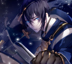 Rule 34 | 1boy, black gloves, black hair, blue eyes, blurry, blurry foreground, commentary request, depth of field, gloves, hair between eyes, hair ornament, holding, holding sword, holding weapon, japanese clothes, kariginu, katana, long sleeves, looking at viewer, male focus, mikazuki munechika, mochizuki shiina, parted lips, sayagata, solo, sword, touken ranbu, upper body, v-shaped eyebrows, weapon