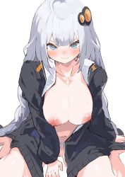Rule 34 | 1girl, ahoge, black cardigan, blue eyes, blush, breasts, cardigan, cleft of venus, collarbone, female pubic hair, grey hair, highres, kizuna akari, large breasts, long hair, long sleeves, looking at viewer, naked cardigan, navel, nipples, open cardigan, open clothes, pocche-ex, pubic hair, sitting, solo, stomach, sweat, uncensored, very long hair, voiceroid, wariza