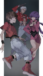 Rule 34 | 1girl, 2boys, brown hair, chris, covered eyes, dark persona, dress, gloves, highres, jewelry, multiple boys, nanakase yashiro, necklace, orochi chris, otuming0202, purple hair, red eyes, shermie (kof), short dress, suspenders, the king of fighters, white hair