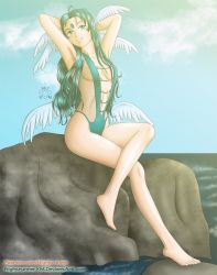 Rule 34 | 1girl, aa megami-sama, ahoge, ansuz, aqua eyes, aqua hair, armpits, arms behind head, arms up, beach, bikini, breasts, cleavage, collarbone, crossed legs, day, facial mark, forehead mark, head wings, long hair, navel, nightrunnerxm, pinup (style), sideboob, sitting, slingshot swimsuit, small breasts, smile, solo, swimsuit, thighhighs, thighs, wings