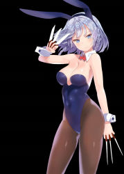 Rule 34 | 1girl, :&gt;, animal ears, bad id, bad pixiv id, bare shoulders, black background, black pantyhose, blue eyes, braid, breasts, covered navel, detached collar, fake animal ears, hairband, izayoi sakuya, knife, large breasts, leotard, mx2j, pantyhose, playboy bunny, rabbit ears, sextuple wielding, silver hair, simple background, smile, solo, touhou, twin braids, wrist cuffs