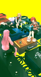 Rule 34 | 4girls, absurdres, ahoge, black skirt, black vest, blonde hair, blue hair, bocchi the rock!, bow, bowtie, brown eyes, closed eyes, effects pedal, facing another, gotoh hitori, guitar, hair bobbles, hair ornament, highres, holding, holding instrument, ijichi nijika, instrument, kita ikuyo, looking at another, lying, microphone, microphone stand, mini person, minigirl, mole, mole under eye, multiple girls, music, on back, one side up, pants, pants under skirt, pink hair, pink track suit, playing instrument, pleated skirt, red bow, red bowtie, red hair, school uniform, seikatsu, shimokitazawa high school uniform, shirt, shuka high school uniform, side ponytail, simple background, sitting, skirt, smile, vest, white shirt, yamada ryo, yellow background, yellow eyes