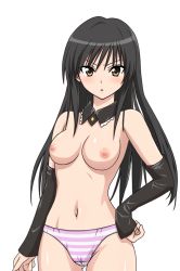 Rule 34 | 00s, 1girl, black hair, blush, breasts, brown eyes, cameltoe, detached collar, detached sleeves, elbow gloves, gloves, hand on own hip, hip focus, kotegawa yui, long hair, medium breasts, navel, nipples, panties, striped clothes, striped panties, to love-ru, topless, transparent background, underwear, wide hips