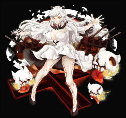 Rule 34 | 10s, 1girl, abyssal ship, bad id, bad pixiv id, breasts, cannon, cleavage, colored skin, dress, female focus, horns, jilllxlxl, kantai collection, large breasts, long hair, looking at viewer, midway princess, pale skin, simple background, smile, solo, veins, white dress, white hair, white skin, yellow eyes
