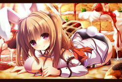 Rule 34 | 1girl, :q, animal ears, ass, belt, between breasts, blush, breasts, brown hair, rabbit ears, rabbit tail, playboy bunny, cake, cassini m bisuko, cleavage, collar, cream, detached sleeves, fake animal ears, fingernails, food, fruit, heart, highres, large breasts, bridal garter, letterboxed, long hair, necktie, original, plaid, purple eyes, raspberry, smile, solo, strawberry, syroh, tail, thighhighs, tongue, tongue out, twintails, two side up, waffle