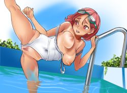 Rule 34 | 1girl, breasts, breasts out, clothing aside, competition swimsuit, covered navel, day, female pubic hair, flexible, goggles, goggles on head, large breasts, manus, nipples, one-piece swimsuit, one-piece tan, original, parted lips, pink eyes, pink hair, pool, pool ladder, pubic hair, solo, standing, standing on one leg, strap slip, swimsuit, swimsuit aside, tan, tanline, unaligned breasts, wardrobe malfunction, wet, white one-piece swimsuit