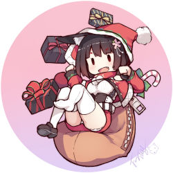 Rule 34 | 1girl, :d, animal ears, azur lane, belt, black hair, box, breasts, brown footwear, candy, candy cane, capelet, cat ears, chibi, christmas, commentary request, fang, flower, food, gift, gift box, hair flower, hair ornament, hat, highres, langbazi, long sleeves, medium breasts, open mouth, panties, pom pom (clothes), red capelet, red hat, red skirt, sack, santa costume, santa hat, shirt, shoes, short hair, signature, single shoe, sitting, skirt, smile, solid oval eyes, solo, thighhighs, underwear, v-shaped eyebrows, white belt, white panties, white shirt, white thighhighs, yamashiro (azur lane), yamashiro (holiday offensive) (azur lane), zipper, zipper pull tab