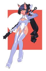 1girl black_hair blue_bow blue_footwear blue_gloves boots bow breasts chikuwa_fan973 cleavage cleavage_cutout clothing_cutout club club_(weapon) colored_skin commentary_request demon_girl demon_horns drill_hair drill_ponytail full_body garter_straps gloves hair_bow high_heel_boots high_heels highres holding holding_club holding_weapon horns large_breasts long_hair open_mouth orange_eyes original outside_border platform_footwear platform_heels pointy_ears red_background red_lips red_skin skin-covered_horns sleeveless_turtleneck_leotard solo spiked_club thigh_boots very_long_hair weapon