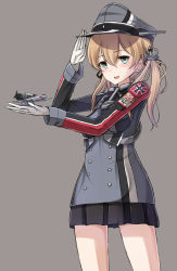 Rule 34 | 10s, 1girl, aircraft, airplane, anchor, anchor hair ornament, ar 196, arado ar 196, black skirt, blonde hair, blush, cowboy shot, cross, green eyes, grey background, hair between eyes, hair ornament, hat, iron cross, kantai collection, looking at viewer, military, military hat, military uniform, miniskirt, peaked cap, prinz eugen (kancolle), salute, simple background, skirt, smile, solo, twintails, uniform, yakob labo