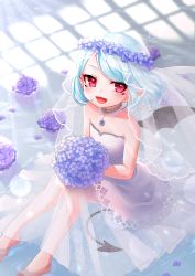 Rule 34 | 1girl, :d, barefoot, blue hair, blush, choker, demon girl, demon tail, demon wings, dress, facial mark, fang, flat chest, flower, flower on liquid, head wreath, highres, holding, holding flower, hydrangea, jewelry, lace, lace choker, light particles, looking at viewer, necklace, open mouth, original, parted bangs, pointy ears, red eyes, ripples, short hair, smile, soaking feet, solo, strapless, strapless dress, sunlight, tail, veil, water, wedding dress, wings, yukiririn