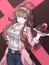 Rule 34 | 1girl, 547th sy, ahoge, black pants, brown hair, chocolate, chocolate statue, coat, collared shirt, commentary request, double bun, dress shirt, hair bun, hairband, highres, kantai collection, kongou (kancolle), long hair, military vehicle, motor vehicle, official alternate costume, open mouth, orange hairband, pants, pink coat, purple eyes, shirt, solo, striped clothes, striped shirt, tank, white shirt