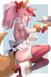 Rule 34 | 1girl, animal ear fluff, animal ears, animal hands, ass, black panties, breasts, cat paws, fate/grand order, fate (series), food, fox ears, fox girl, fox tail, from side, gloves, highres, ice cream, large breasts, long hair, open mouth, panties, paw gloves, pink hair, ponytail, puffy short sleeves, puffy sleeves, red thighhighs, roller skates, shinsaku (stan-art), shirt, short sleeves, skates, solo, striped clothes, striped shirt, sundae, tail, tamamo (fate), tamamo cat (fate), tamamo cat (lostroom outfit) (fate), thighhighs, underwear, vertical-striped clothes, vertical-striped shirt, visor cap, yellow eyes