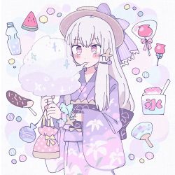 Rule 34 | 1girl, alternate costume, bag, candy, candy apple, chocolate banana, cotton candy, cowboy shot, eating, fire emblem, fire emblem: three houses, food, fruit, hand fan, hat, highres, holding, holding bag, japanese clothes, kimono, long hair, long sleeves, lysithea von ordelia, nintendo, obi, paper fan, pink eyes, remoooon, sash, shaved ice, solo, uchiwa, watermelon, white hair, wide sleeves