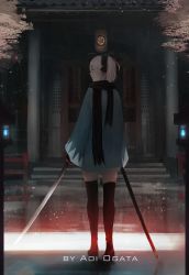 Rule 34 | 1girl, ahoge, aoi ogata, artist name, black bow, black scarf, black thighhighs, blonde hair, blue fire, bow, building, closed mouth, dark, day, door, fate (series), fence, fire, full body, hair bow, highres, holding, holding sword, holding weapon, katana, koha-ace, lantern, long sleeves, looking away, looking to the side, okita souji, okita souji (fate), okita souji (koha-ace), outdoors, petals, pillar, pillarboxed, ponytail, profile, reflective floor, scarf, short hair, solo, stairs, standing, sunlight, sword, thighhighs, unsheathed, weapon, wide sleeves