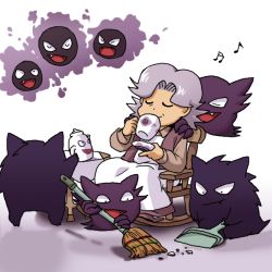 Rule 34 | agatha (pokemon), artist request, broom, chair, cleaning, creatures (company), dustpan, elite four, game freak, gastly, gen 1 pokemon, gengar, haunter, holding, holding dustpan, musical note, nintendo, pokemon, pokemon (creature), pokemon frlg, pokemon rgby, sitting, table